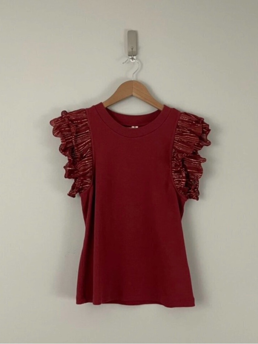 Anthropologie Red Lurex Metallic Ruffle Sleeve Tank Size Medium